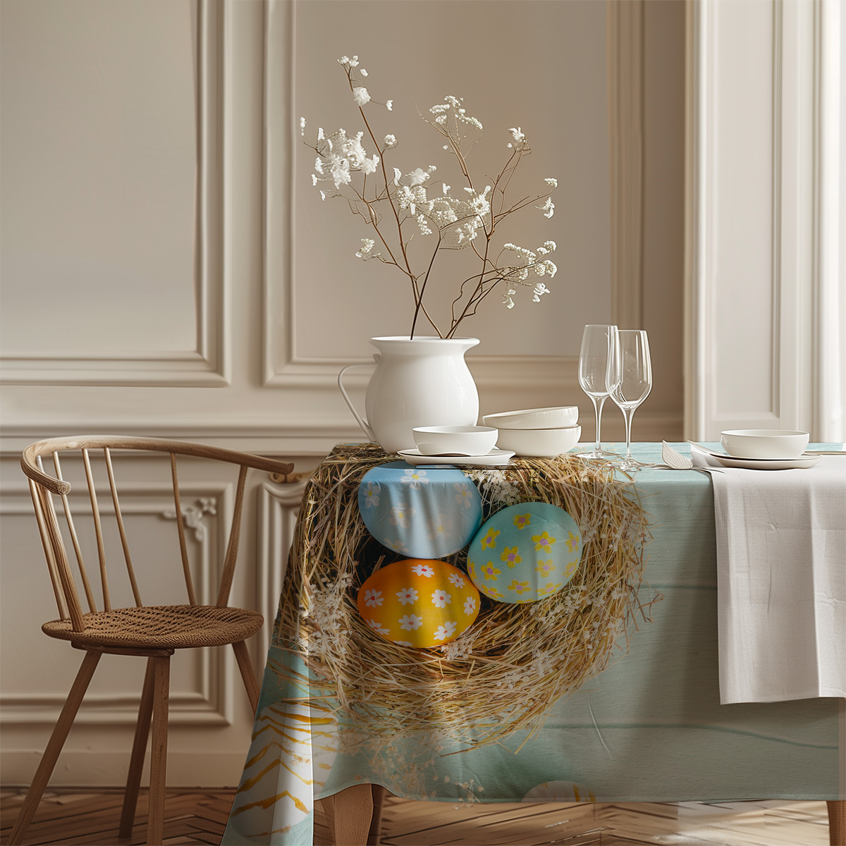 aranżacyjne ujęcie stołu z obrusm, dzbankiem i zastawą nad motywem pisanek