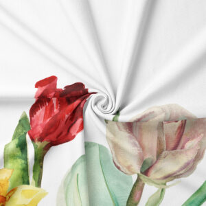 zbliżenie na detal wzoru: czerwony tulipan i subtelna akwarela na materiale