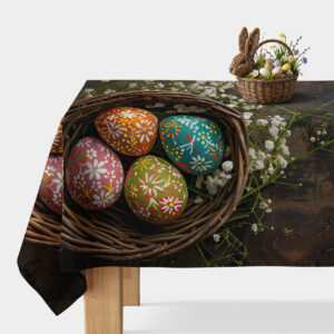 Obrus z motywem wiklinowego koszyka z kolorowymi pisankami na rustykalnym drewnie