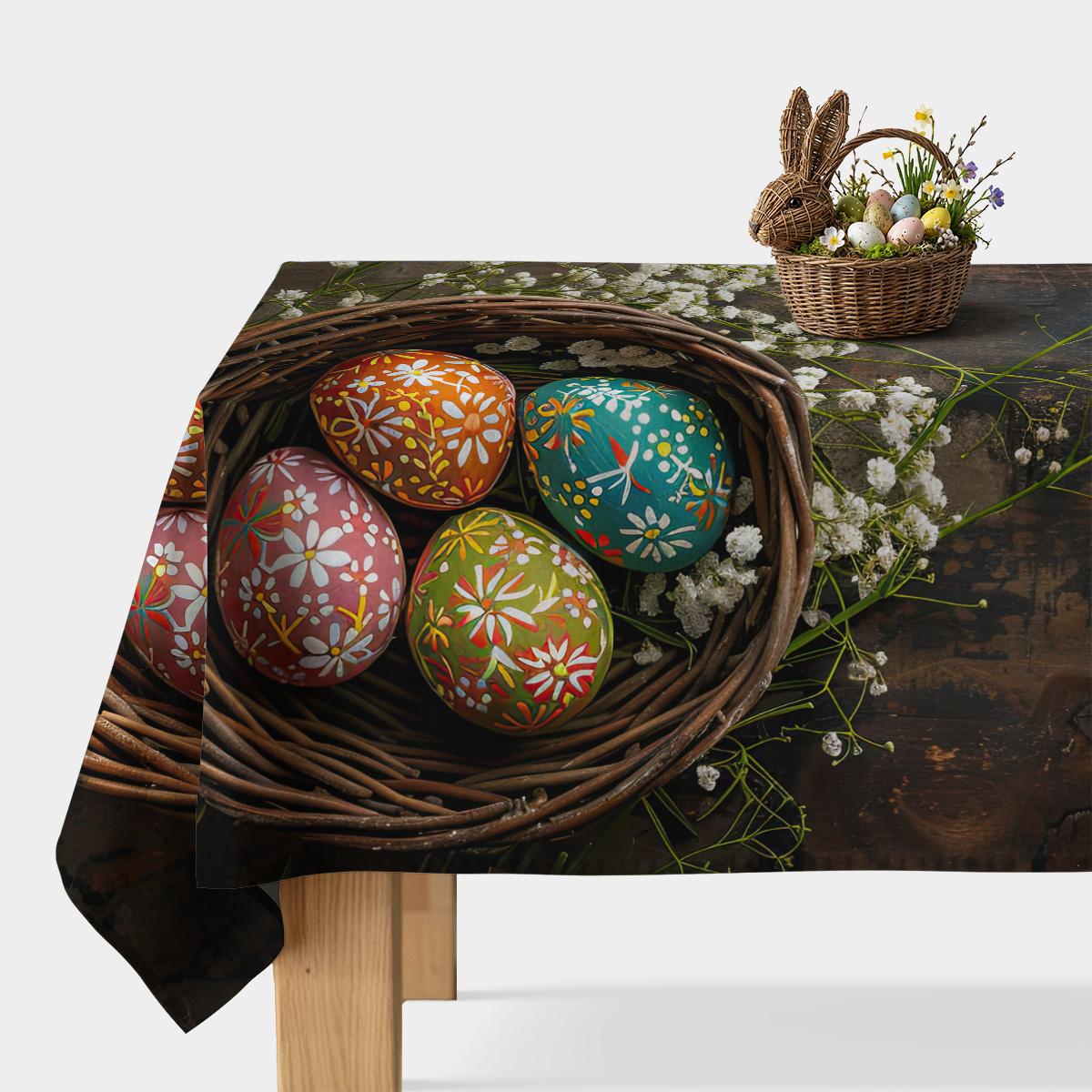Obrus z motywem wiklinowego koszyka z kolorowymi pisankami na rustykalnym drewnie