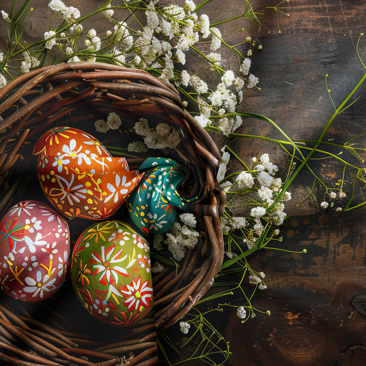 Zbliżenie na ręcznie malowane pisanki i drobne białe kwiaty gipsówki w koszyku