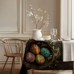 Aranżacja stołu z zastawą, wazonem i obrusie z motywem pisanek