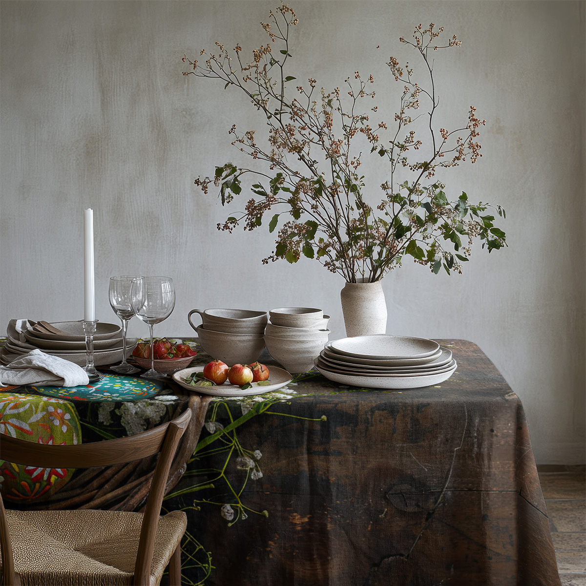 Widok stołu z teksturą drewna i wiklinowym koszykiem pełnym kolorowych pisanek