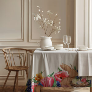 Widok narożnika stołu z brzegowym wzorem kwiatowym i drewnianym zającem przy krawędzi