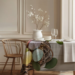 Aranżacja stołu z obrusem, białym dzbankiem i zastawą, stylizacja świąteczna