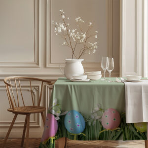 Widok narożnika stołu z wzorem kolorowych jajek zatopionych w trawie