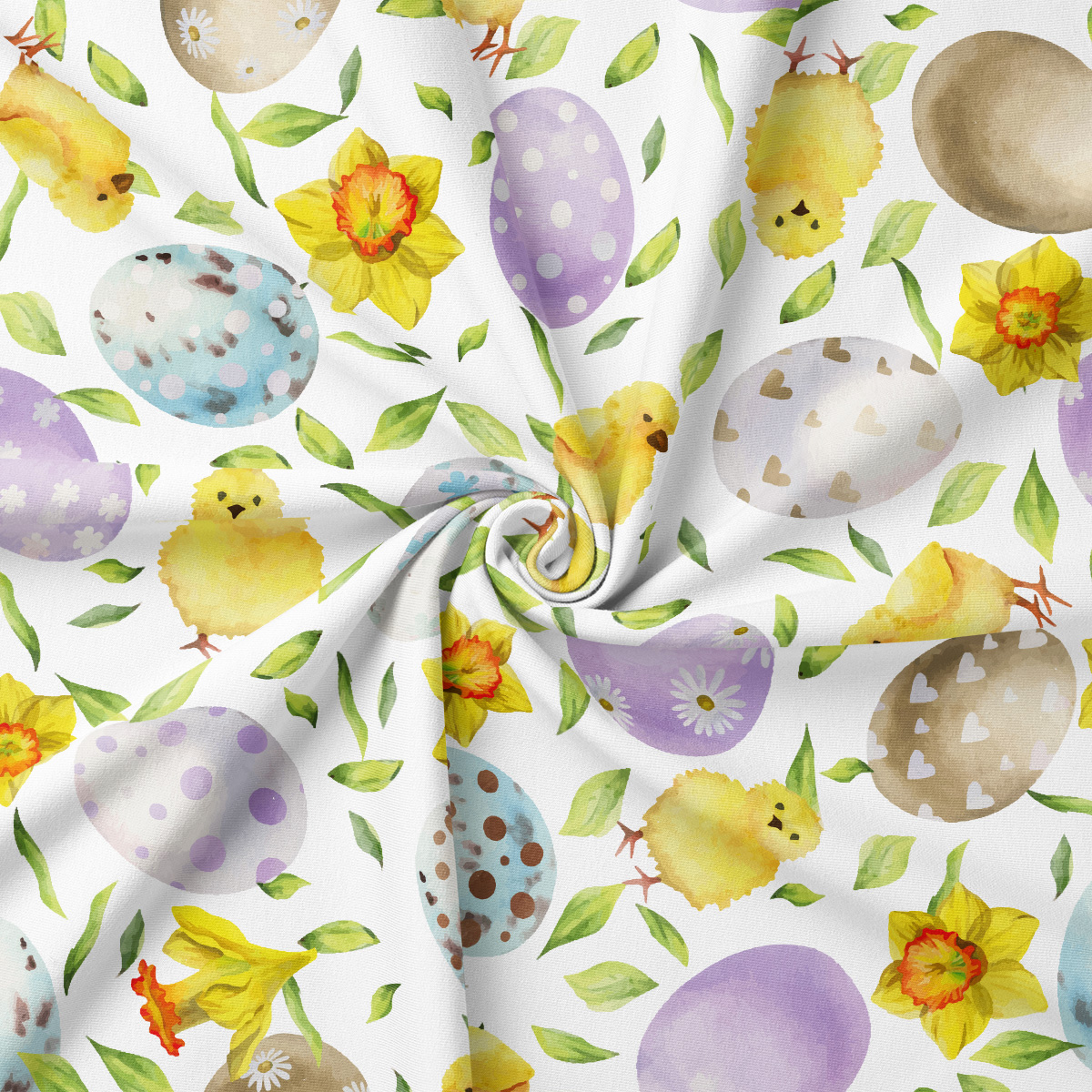 zbliżenie wzoru akwarelowych pisanek, żonkili i puchatych kurczaczków na materiale