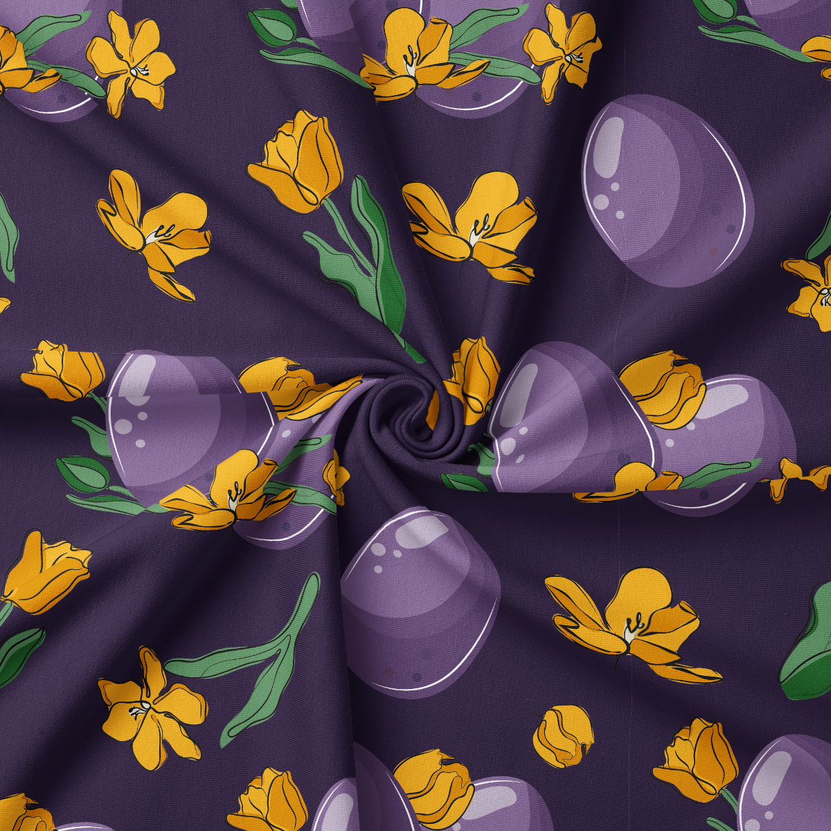 Zbliżenie na tkaninę i szczegóły nadruku z fioletowymi pisankami i żółtymi kwiatami