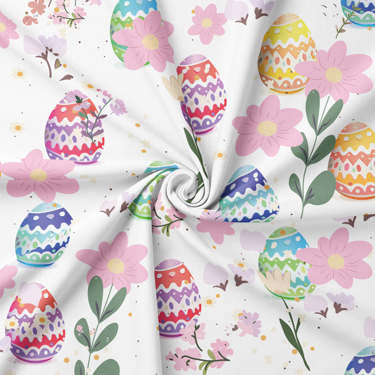 Zbliżenie na fakturę tkaniny i kolorowy motyw pisanek przeplatanych delikatnymi kwiatami