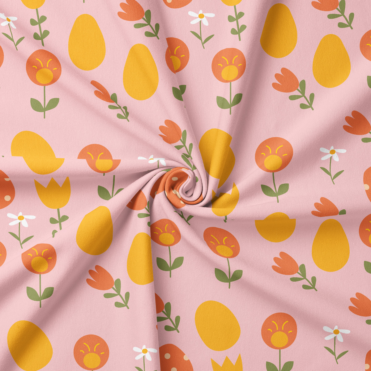 zbliżenie na wzór obrusa z pisankami i tulipanami pokazujące detal tkaniny