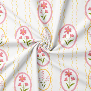 Zbliżenie na wzór obrusy z owalnymi medalionami z różowymi kwiatami i żółtymi falami