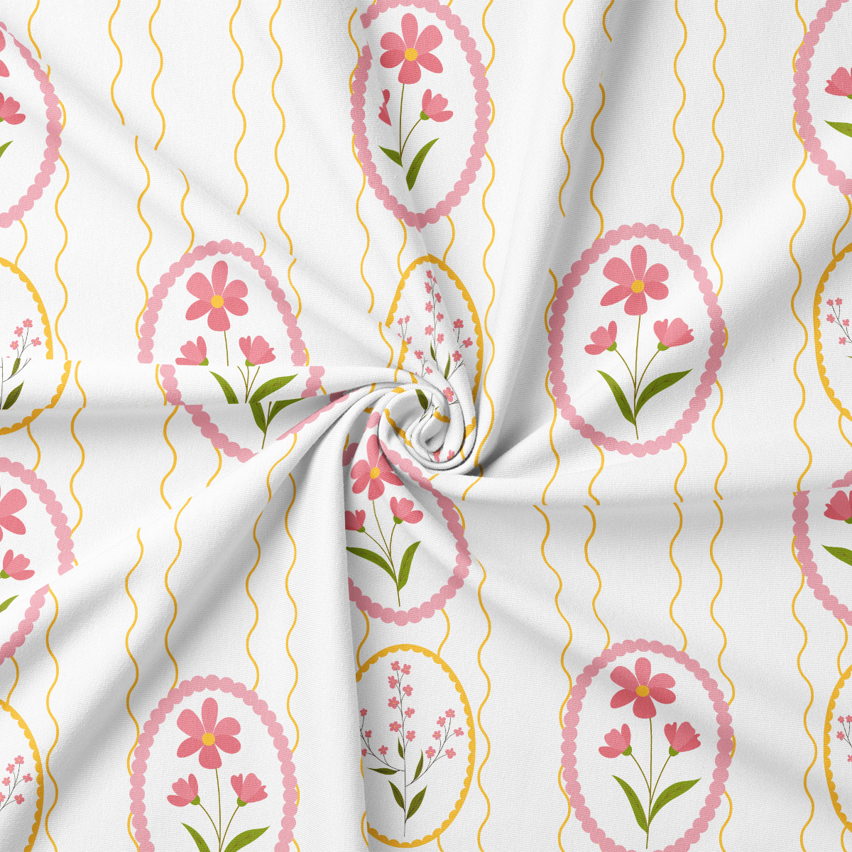 Zbliżenie na wzór obrusy z owalnymi medalionami z różowymi kwiatami i żółtymi falami