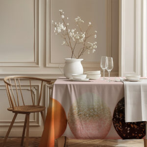 stylizowana jadalnia z obrusem, zastawą i naturalnymi dekoracjami pokazująca cały motyw pisanek