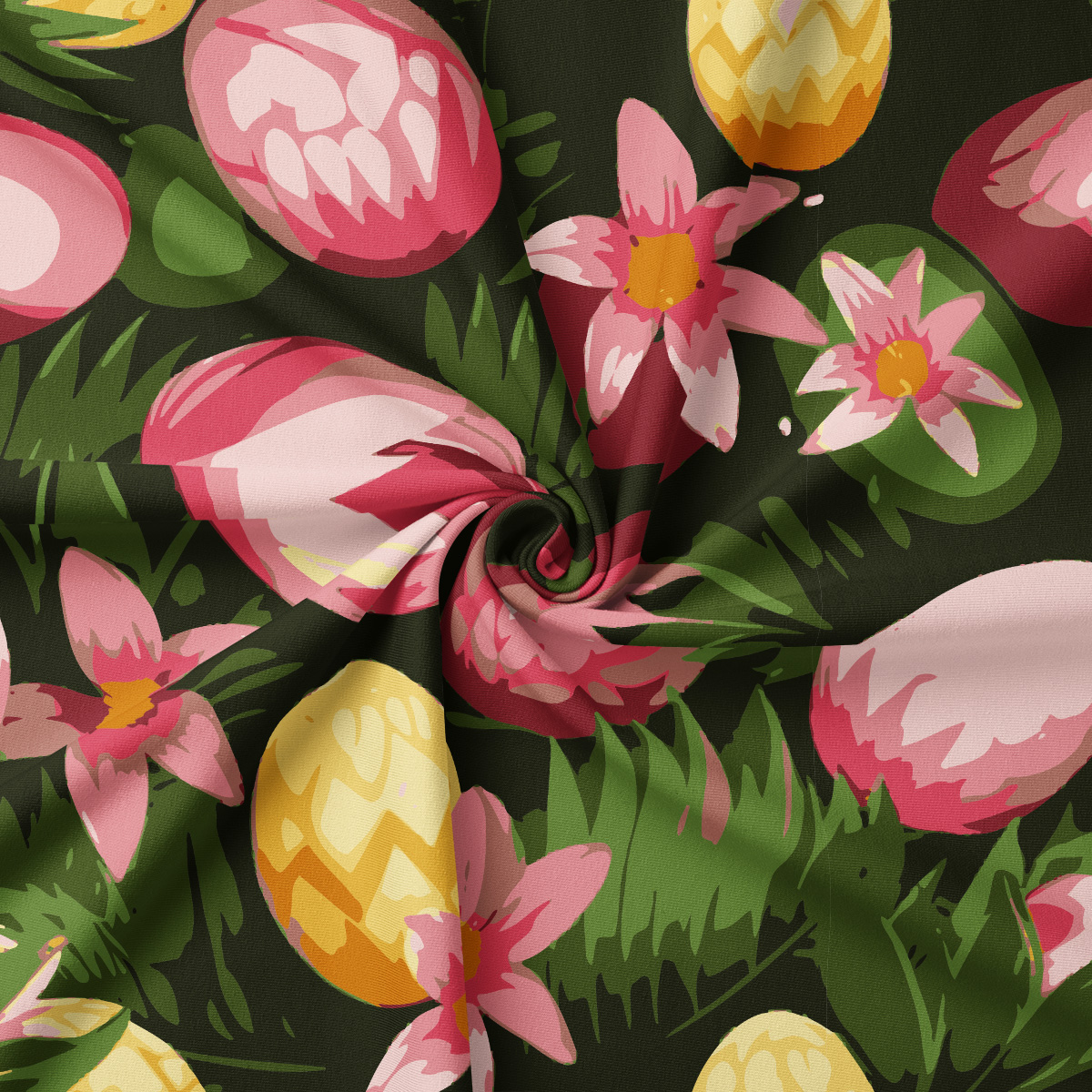 zbliżenie na tkaninę z motywem pisanek i kwiatów pokazujące detal malarskich pędzli i delikatną fakturę materiału