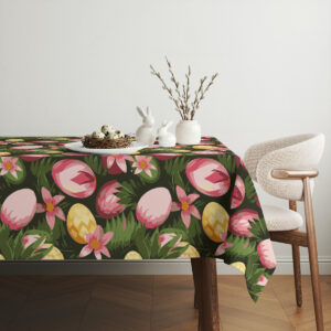 aranżacja stołu z białą dekoracją z królikami i baziówką na obrusie w wielkanocny wzór