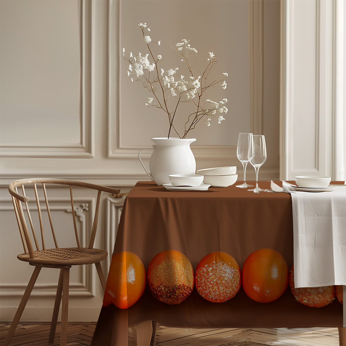eleganckie nakrycie stołu z białą ceramiką i brązowym obrusem ozdobionym rzędami pomarańczowych pisanek