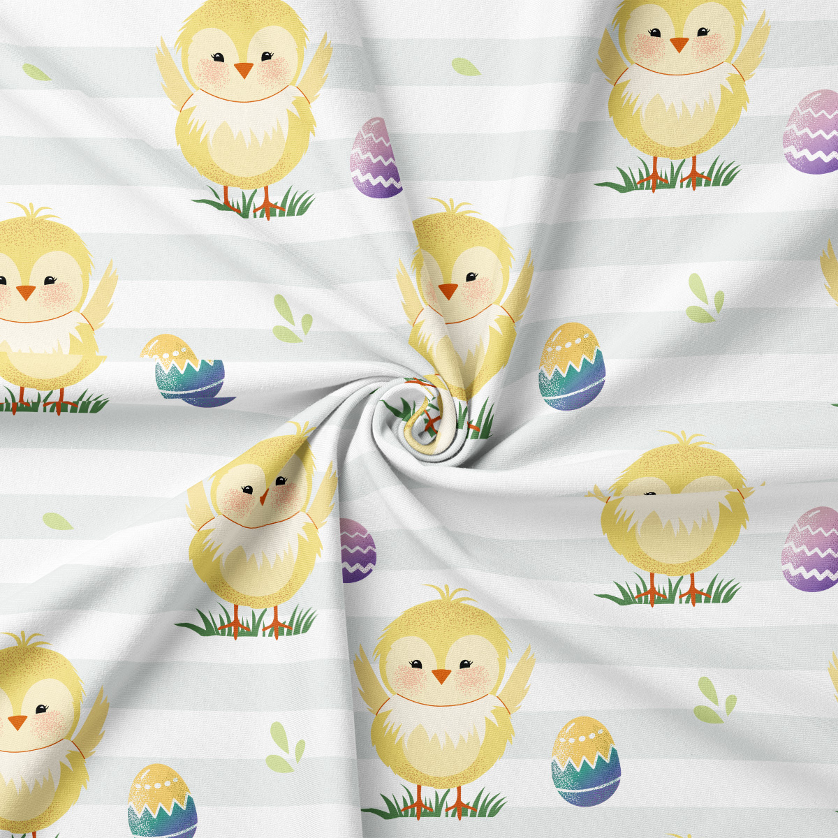 Zbliżenie na wzór z puchatymi żółtymi kurczaczkami i kolorowymi pisankami na jasnym pasowanym tle