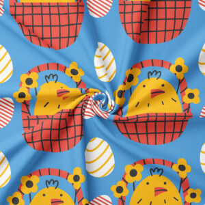 Zbliżenie na detal wzoru - żółty kurczaczek w czerwonym koszyku i paskowana pisanka na niebieskim tle