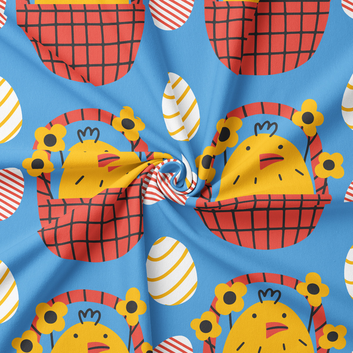 Zbliżenie na detal wzoru - żółty kurczaczek w czerwonym koszyku i paskowana pisanka na niebieskim tle