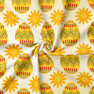 Zbliżenie na wzór z kolorowymi pisankami i promiennymi kwiatuszkami pokazujące fakturę materiału