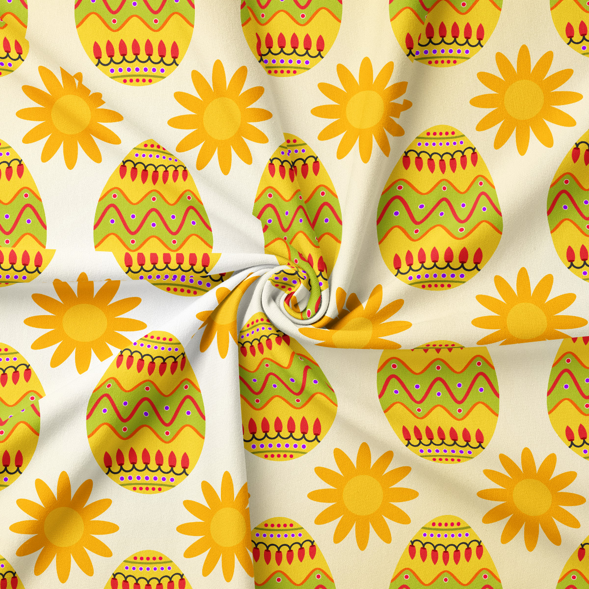Zbliżenie na wzór z kolorowymi pisankami i promiennymi kwiatuszkami pokazujące fakturę materiału