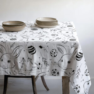 Detal stołu z obrusem zajętym talerzami i miseczkami, widoczne motywy pisanek i króliczych pyszczków