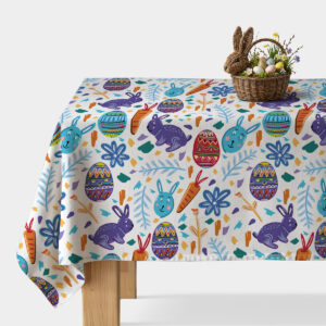 Obrus ze wzorem wielkanocnym z zającami, pisankami i marchewkami na stole