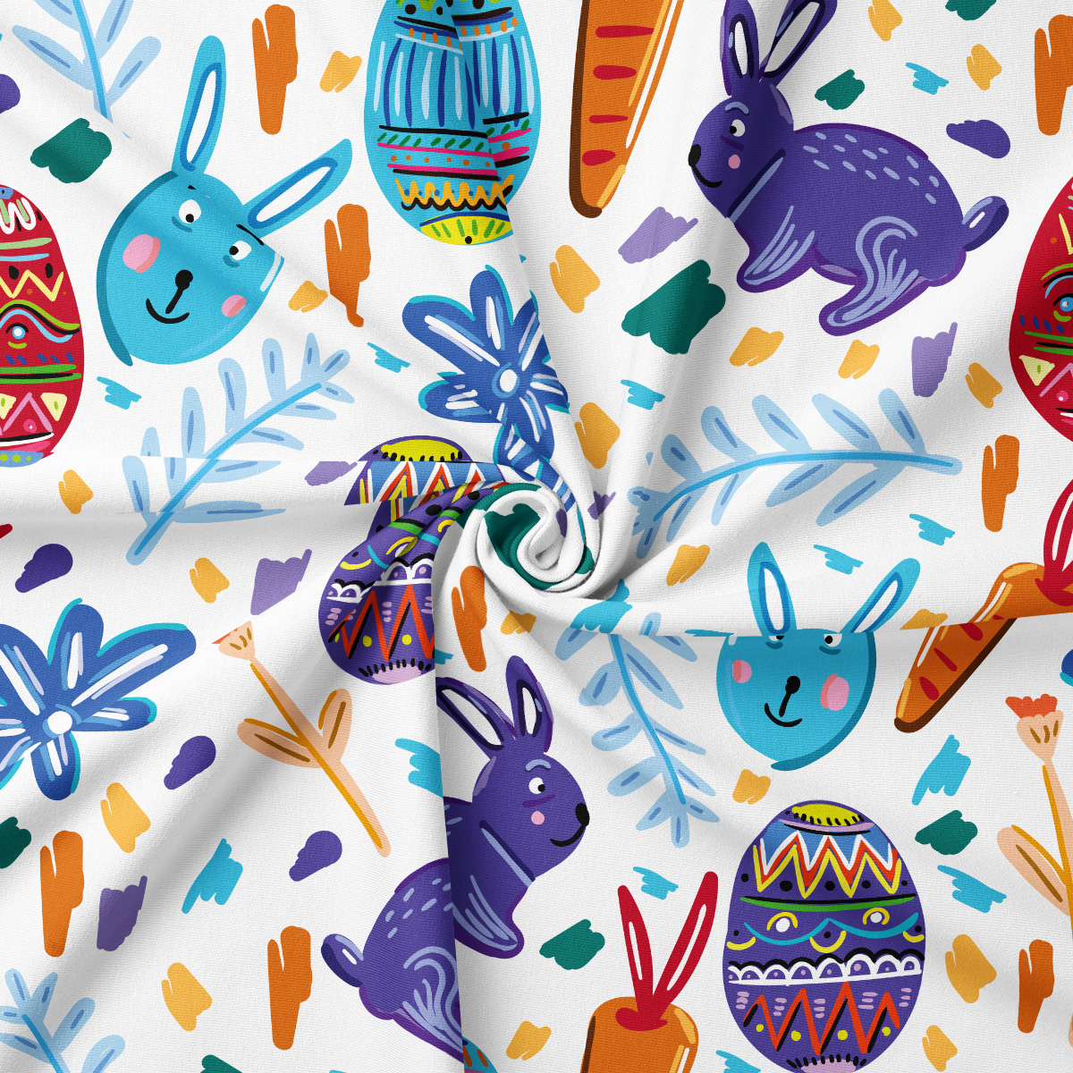 Zbliżenie na kolorowe pisanki i wesołe zające oraz delikatną fakturę tkaniny