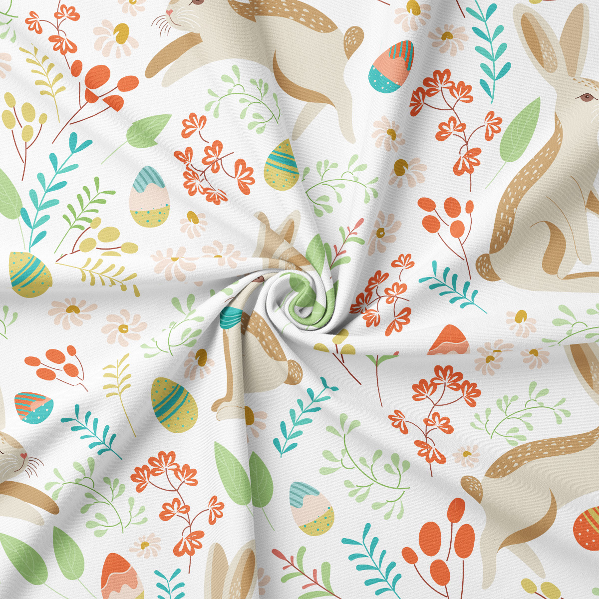 Zbliżenie na wzór i delikatną fakturę tkaniny z motywem zajączków, pisanek i drobnych kwiatów