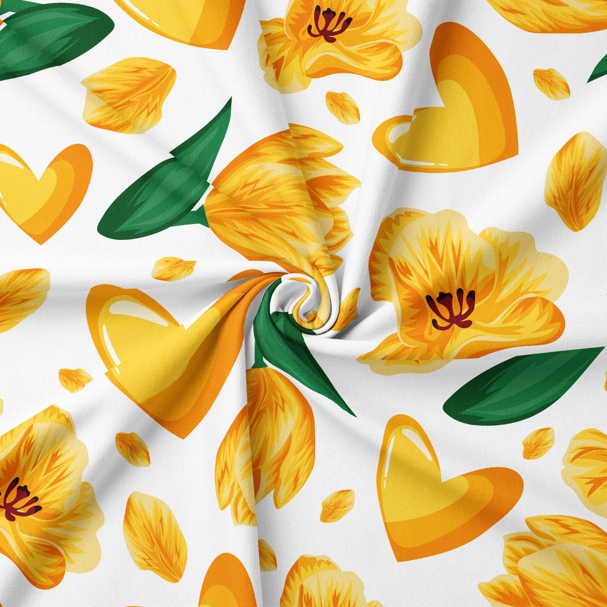 Zbliżenie na wzór obrusu z żółtymi tulipanami, sercami i zielonymi listkami