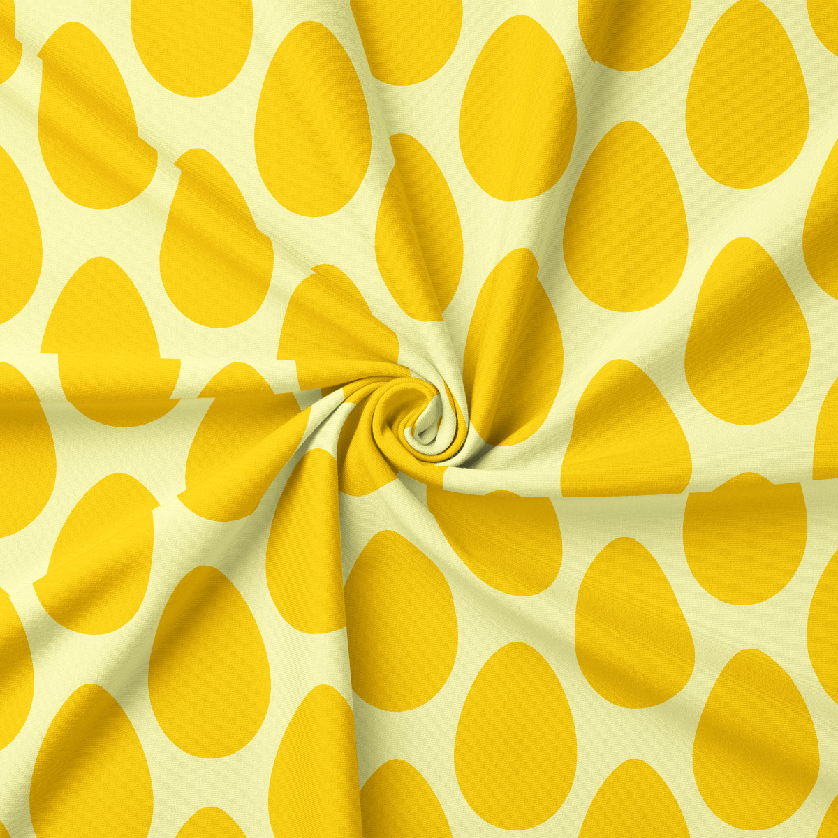 zbliżenie na tkaninę z powtarzającym się motywem żółtych jajek i widoczną fakturą materiału