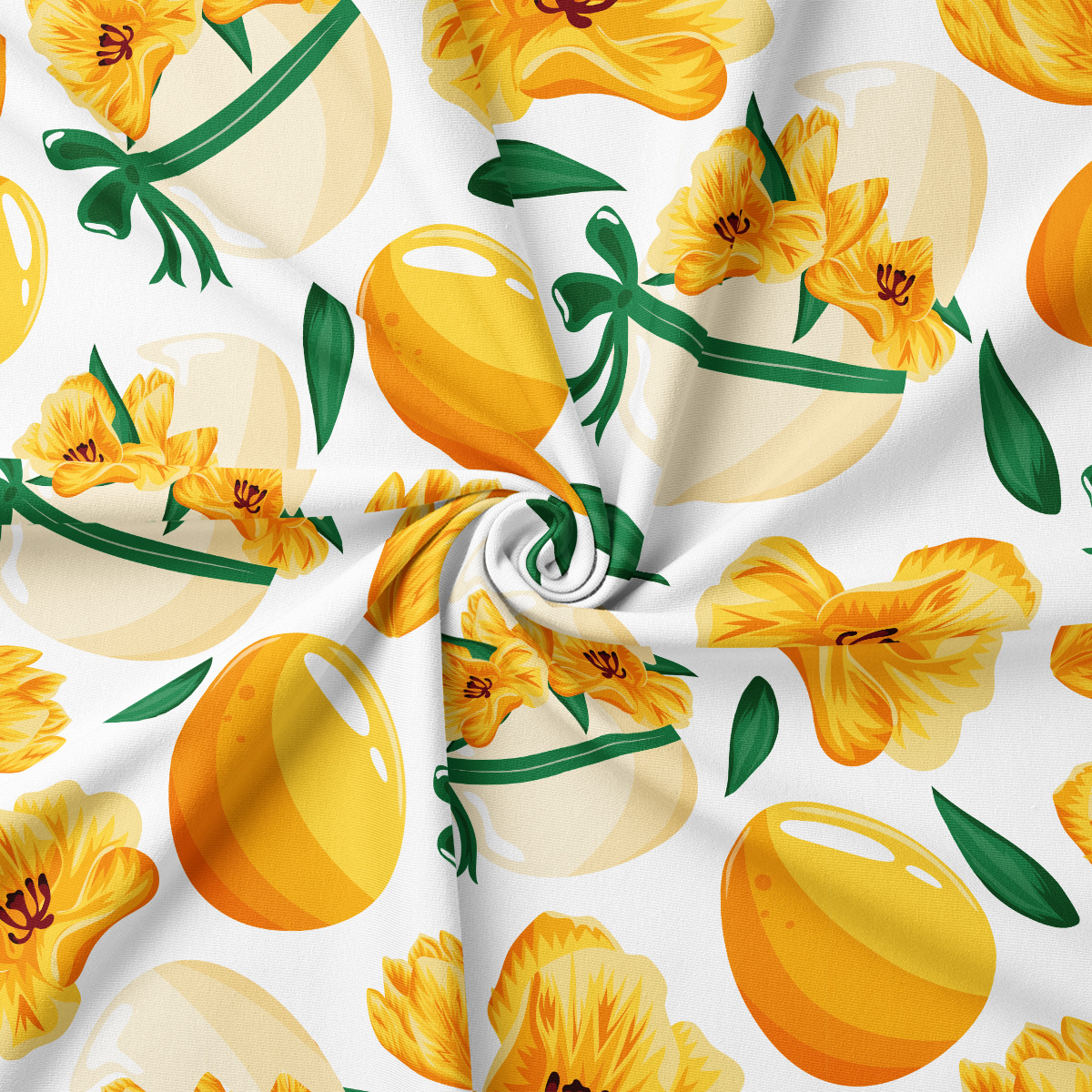 zbliżenie na detal tkaniny z motywem żółtych jajek, kwiatów i zielonych listków