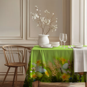 Widok stołu z nakryciem i dekoracją wiosenną, obrus z motywem żonkilów i pisanek przy krześle