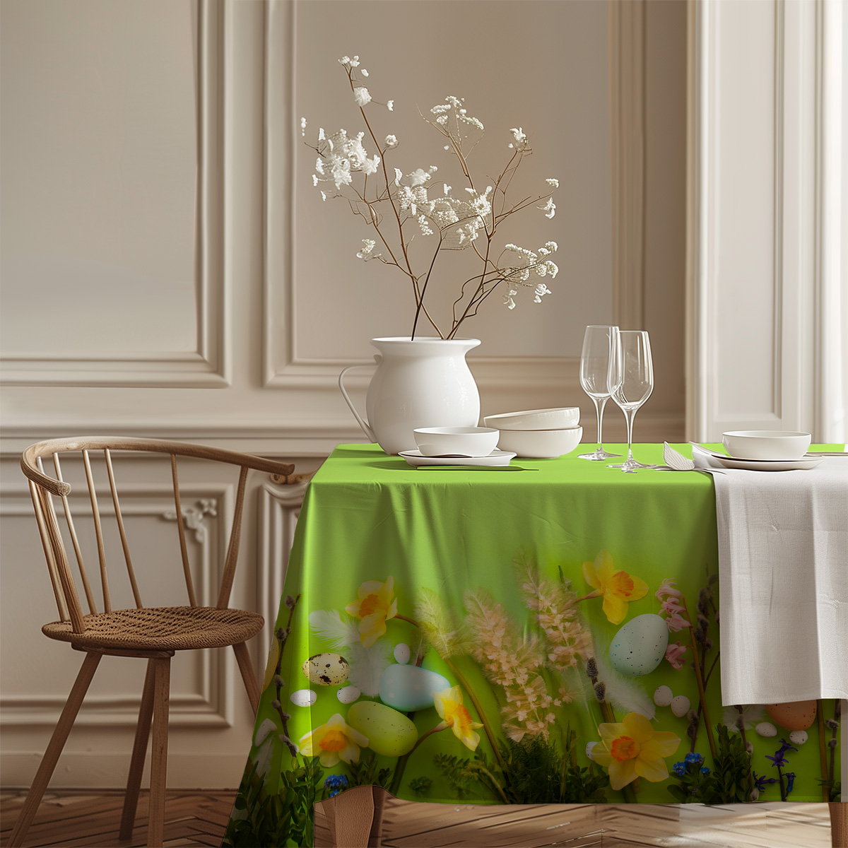 Widok stołu z nakryciem i dekoracją wiosenną, obrus z motywem żonkilów i pisanek przy krześle