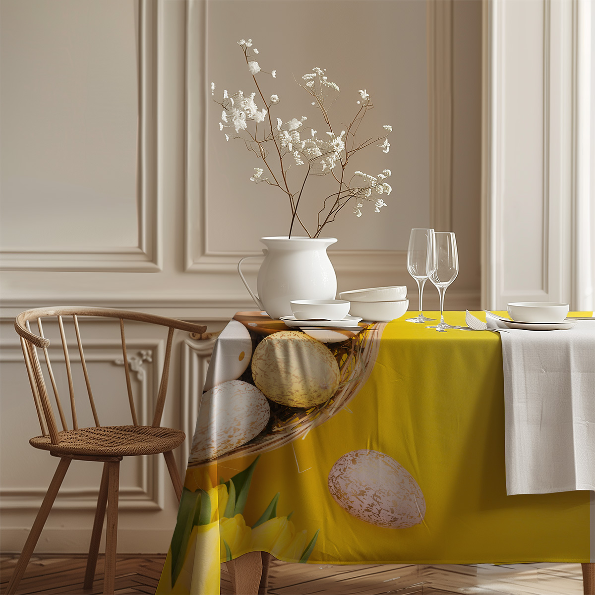 Aranżacja stołu z białym serwisem i wazonem na obrusie w żółte tulipany i pisanki