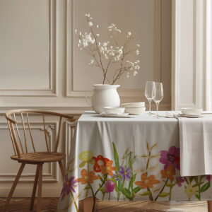 Obrus z malowanym pasem łąkowych kwiatów przy brzegu stołu, aranżacja z koszykiem z pisankami