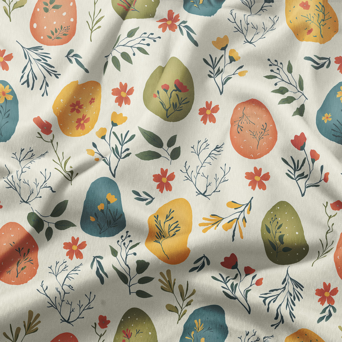 detal tkaniny z wzorem pisanek, drobne kwiaty i listki w pastelowych kolorach