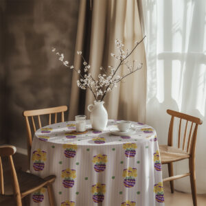 Aranżacja stołu z obrusem, biała waza z gałązkami i porcelanowa zastawa na tle przytulnego wnętrza