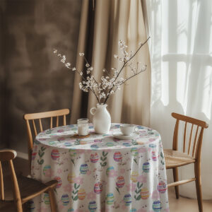 Aranżacja stołu z obrusem, wazonem z gałązkami i filiżanką w przytulnym, wiosennym wnętrzu