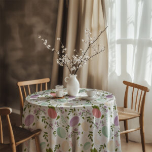Aranżacja stołu z obrusem, wazonem z kwitnącymi gałązkami i porcelanowym naczyniem w przytulnym wnętrzu