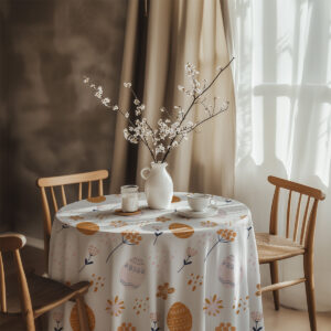 Przytulna aranżacja stołu z wazonem i filiżanką na obrusie z motywem pisanek