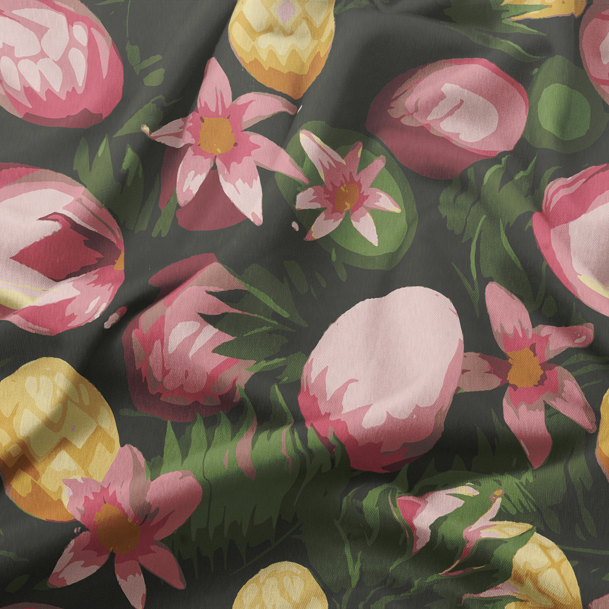 Zbliżenie na wzór i strukturę materiału z pisanek, kwiatów i trawy