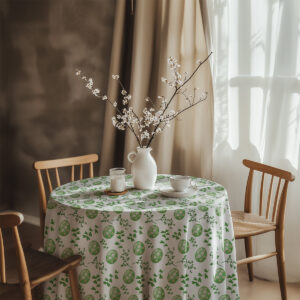 aranżacja stołu z wazonem i filiżanką na obrusie w świąteczny wzór pisanek i gałązek