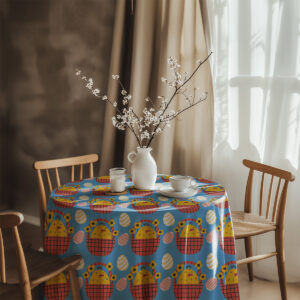 Aranżacja stołu z obrusem, wazonem z gałązkami i zastawą w wiosennym wnętrzu