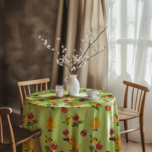 aranżacja stołu z obrusem, wazonem z gałązkami i filiżanką w przytulnym wnętrzu