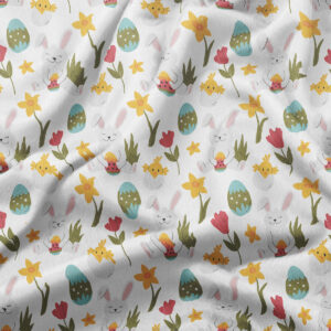 Zbliżenie na detale wzoru z zajączkami, pisankami, kurczaczkami i wiosennymi kwiatami w pastelowych kolorach