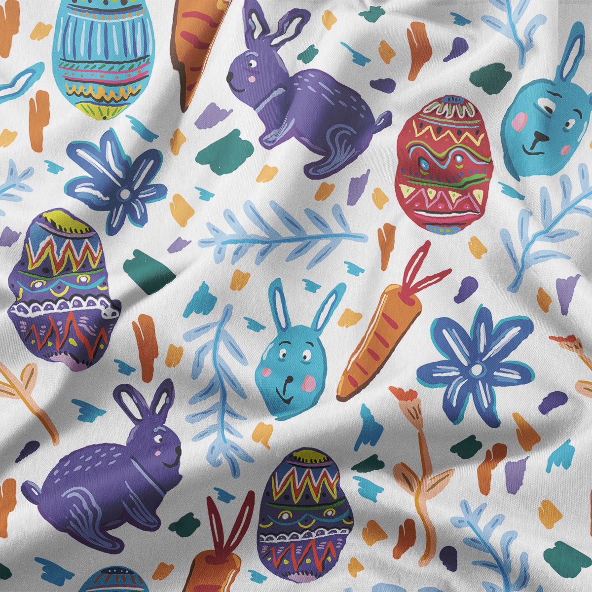 Zbliżenie na detal wzoru z kolorowymi pisankami, marchewkami i kwiatami