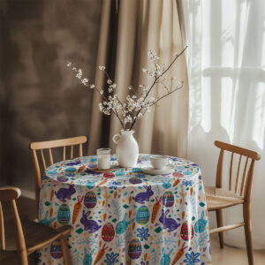 Aranżacja stołu z obrusem, wazonem gałązek i prostą zastawą