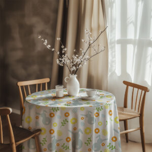 aranżacja stołu z obrusem, wazą z gałązkami i zestawem filiżanek w jasnym wnętrzu