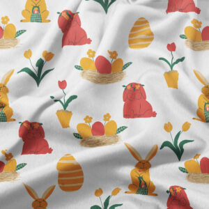 detal tkaniny z bliska pokazujący wzór pisanek, tulipanów i sympatycznych zajączków